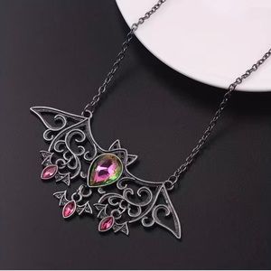 Bat Necklace Pink Rhinestones Gun Metal Goth Punk Halloween